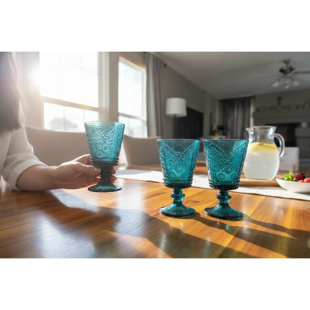 Glass Goblets Set of 4 Teal Blue Brand New Embossed Footed Wine Water